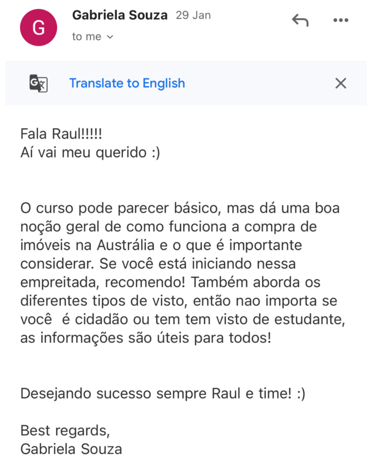 Depoimentos - Imóveis na Austrália - Gabriela Sousa